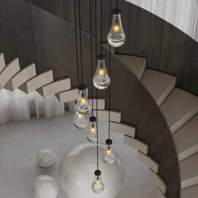 7-Light Adjustable Height Hanging Pendant Light with Hand-Blown Raindrop Glass Shades