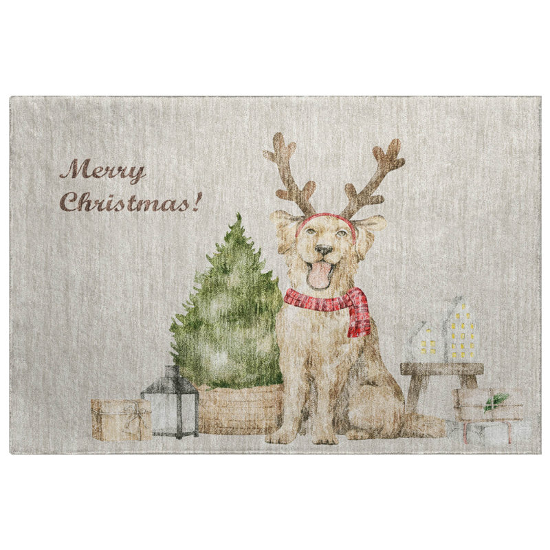 Premium Machine Washable Dream Shag ADS219 Christmas Dog and Tree Rug, 1'8" x 2'6"
