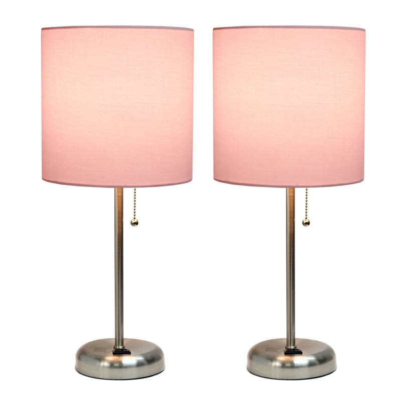 Brushed Steel and Light Pink Contemporary Table Lamp Duo with Power Outlet