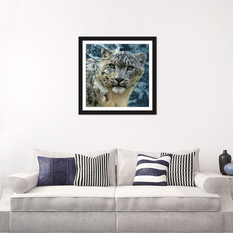 Snow leopard, carré, H 24 po x l 24 po x P 1 po, Papier avec cadre noir, Blanc