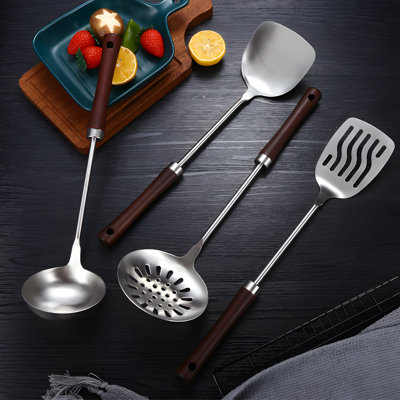 Ensemble d'ustensiles de cuisine en acier inoxydable avec poignées en bois rétro - Spatule 4 pièces, cuillère rainurée, louche à soupe et flipper pour cuisiner et servir