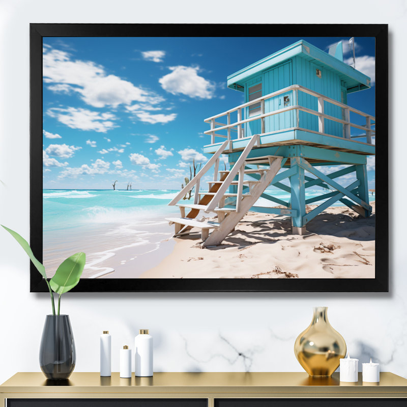 Turquoise Miami Lifeguard Whispers II, reproduction d'art sur toile, H 16 po x l 32 po x P 1 po, Cadre simple noir