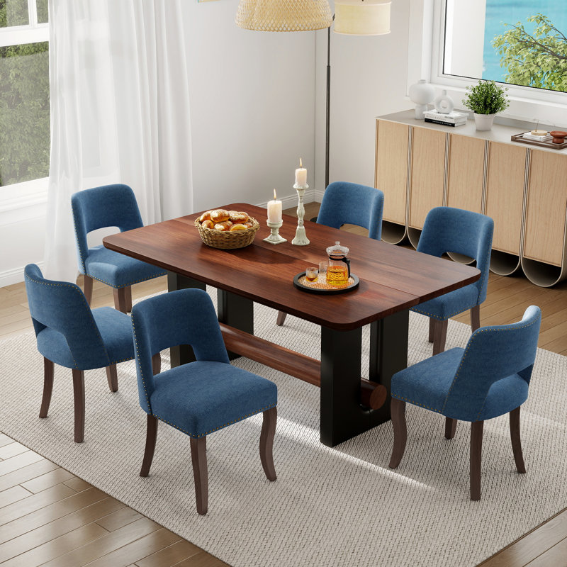 Table compacte en noyer et noir avec 4/6 chaises en tissu, style compact pour la cuisine / salle à manger, Blue