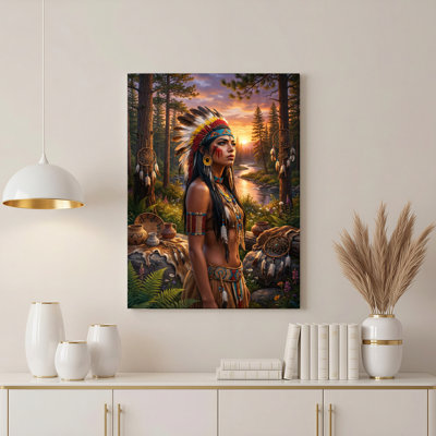 Native American Woman In Forest Sunset Canvas Wrapped Wall Art Oil Painting Print Set Of 1