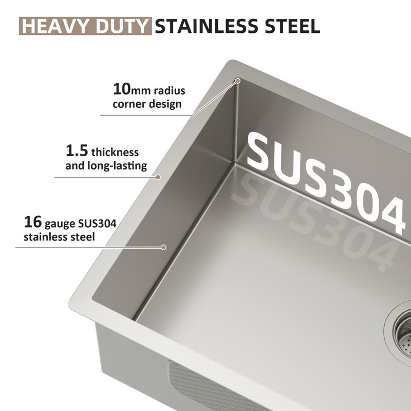 Évier de cuisine encastré 32 po à cuve simple en acier inoxydable de calibre 16 - 32 x 19 x 10 po