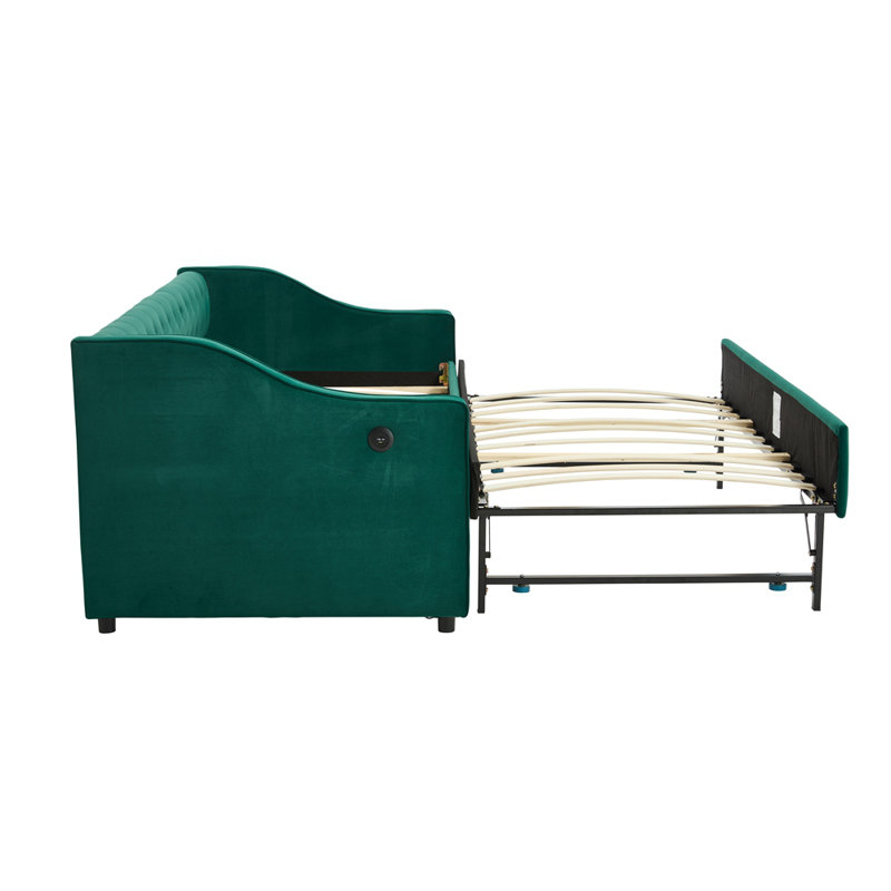 Twin Size Upholstered Daybed with Trundle,USB Port ,Side Pockets,Velvet Daybed with Button on Back and Piping on Waved Shape Arms for Bedroom Guest Room