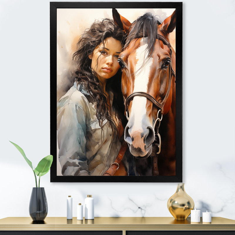 Kehara Cowgirls And Horse Bond I sur impression sur toile, Cadre photo noir, H 20 po x l 12 po