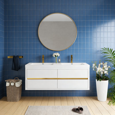 Meuble-lavabo mural de 60 po avec comptoir en pierre de résine, lavabo double et 4 tiroirs à fermeture en douceur, armoire en panneau de fibres à densité moyenne préinstallée