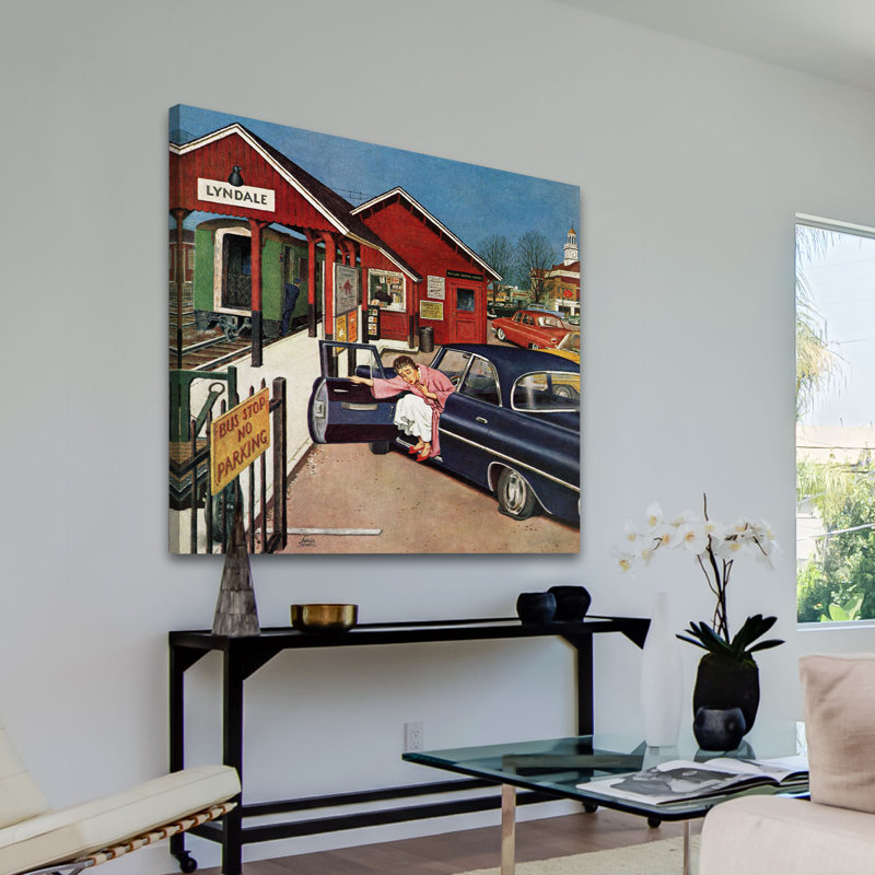 «Flat Tire at the Commuter Station» par Amos Sewell, reproduction d'art sur toile tendue, H 18 po x l 18 po