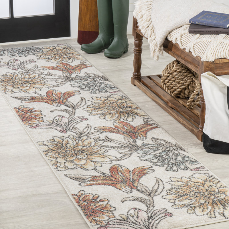 Jasire Modern Botanical Flower Orange/Blue/Cream Rug, Rectangle 3'11" x 6'