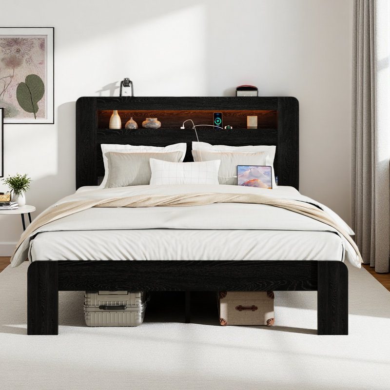 Structure de lit plateforme en bois avec tête de lit à DEL avec rangement et 2 ports USB, silencieux, aucun sommier nécessaire et outil d'assemblage facile, grand rangement sous le lit