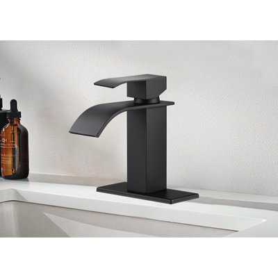 Waterfall Spout Matte Black Bathroom Sink Tap, Single Handle For Convenient Water Adjustment, Stainless Steel Manufactured Faucet With Design, Precise Control, Construction