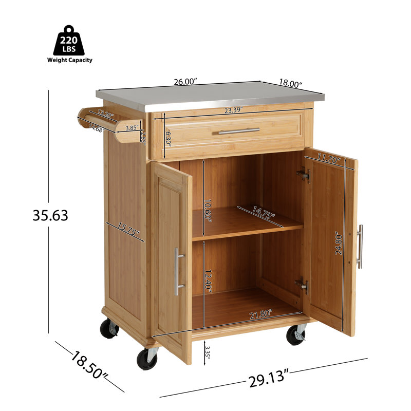 Hawthorne Modern Farmhouse Bamboo Rolling Kitchen Cart with Stainless Steel Top