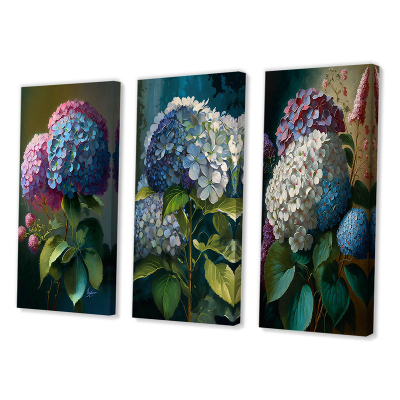 «Hydrangea Bouquet Retro Illustration», 3 pièces, H 20 po x l 36 po, Toile tendue