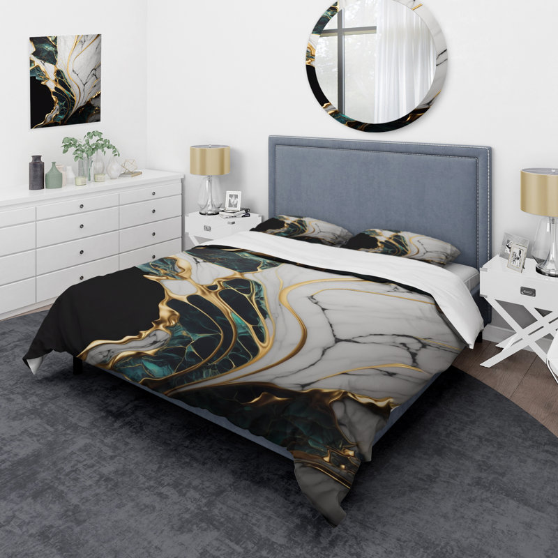 Abstract Geode Gold And Green Marble III - Modern Duvet Cover Set - Microfiber Polyester