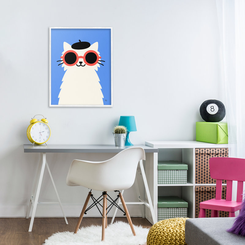 Giclée encadrée de chat français, design par Jessica Beck, H 20 po x l 16 po, Blanc