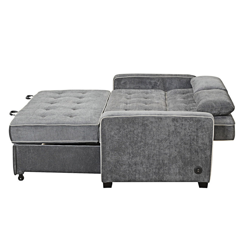 Upholstered Pull Out Sofa Bed With Throw Pillows, USB Charging Port And Adjustable Backrest, Charcoal Gray