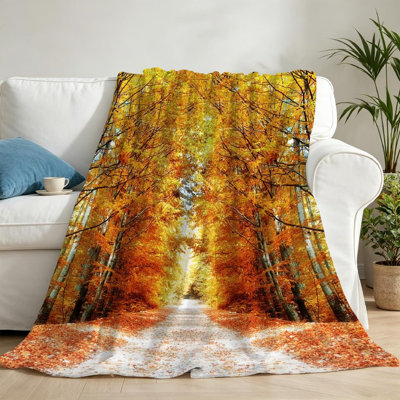 Orange Ultra Soft Flannel Fleece Throw Blanket,Forest Road Autumn Fall Single-Sided Print
