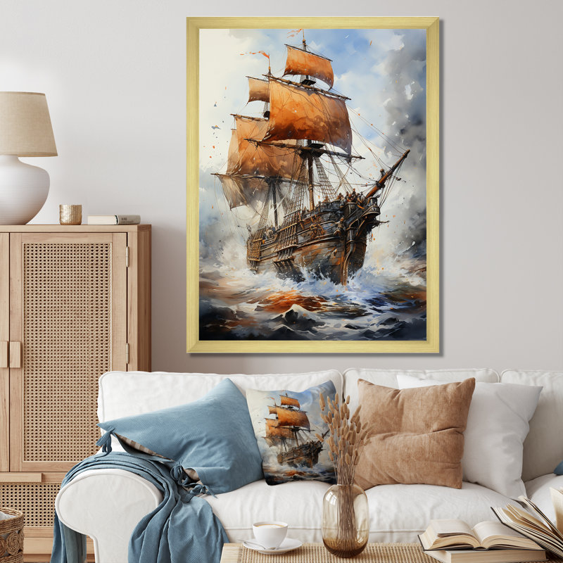 «Pirate Boat Jolly Roger II», reproduction sur toile flottante, H 32 po x l 16 po x P 1 po, Encadrement doré