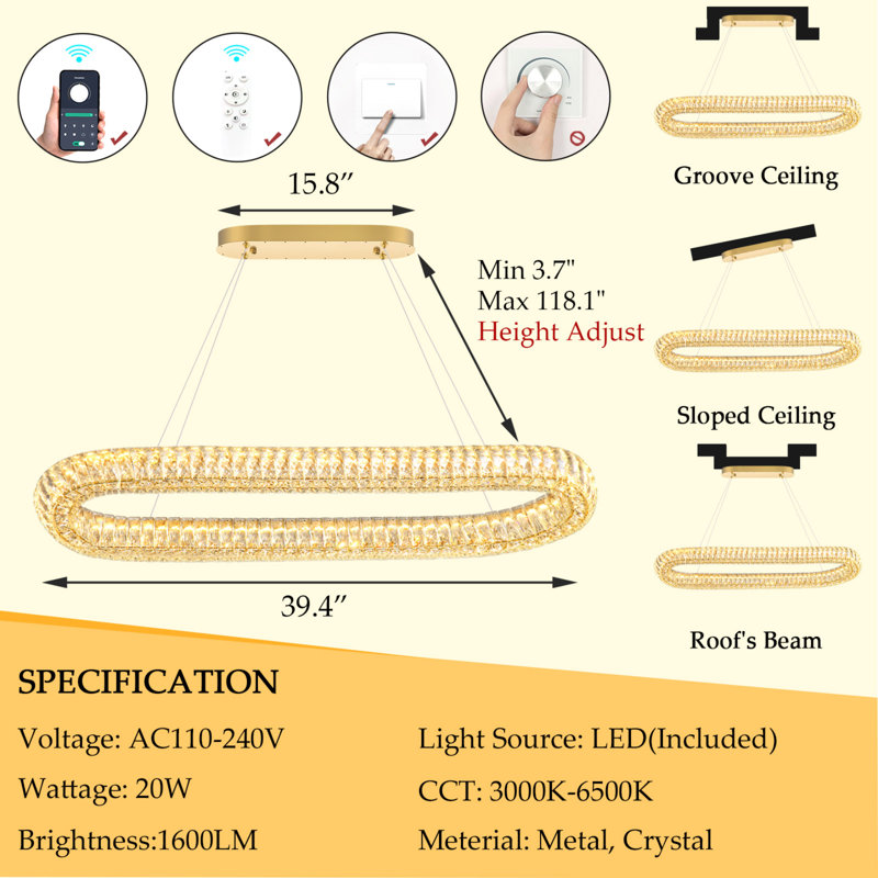 Lustre ovale moderne en cristal, 40", Doré