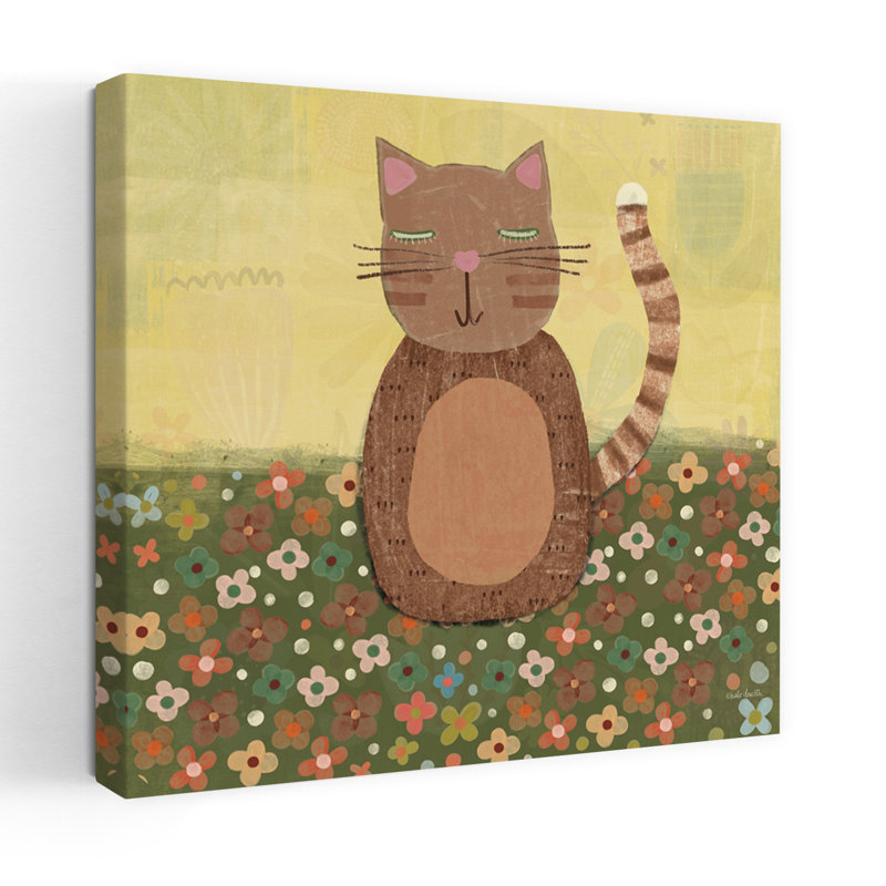 Art contemporain avec des fleurs sauvages et des chats, H 18 po x l 18 po