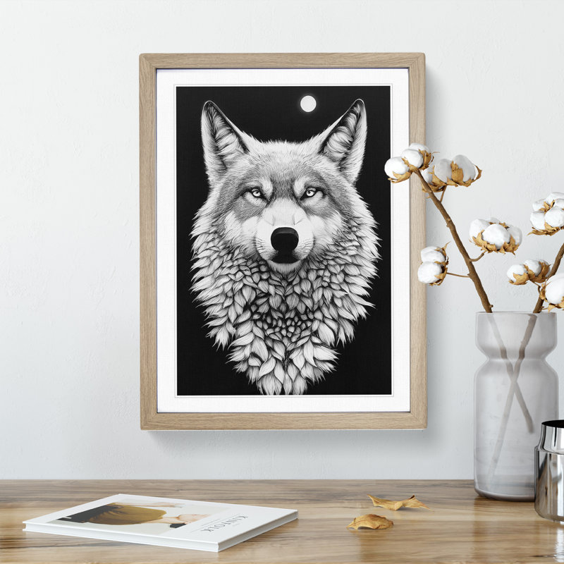 Monochrome Wolf No.1 - Framed Print, 34cm H x 25cm W x 2cm D, Oak Framed