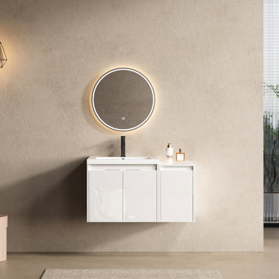 Meuble-lavabo en résine 36 po, 2 portes à fermeture douce, 1 armoire latérale, montage sur flotteur, contreplaqué blanc brillant, polyvalent pour une utilisation confortable