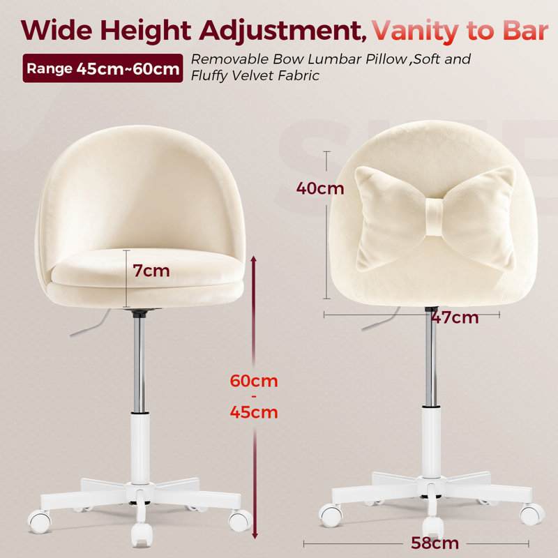 Vanity Desk Chair Dressing Table Chairs Swivel Armless Height Adjustable Foam Padded Bedroom Makeup Office Chair, Velvet