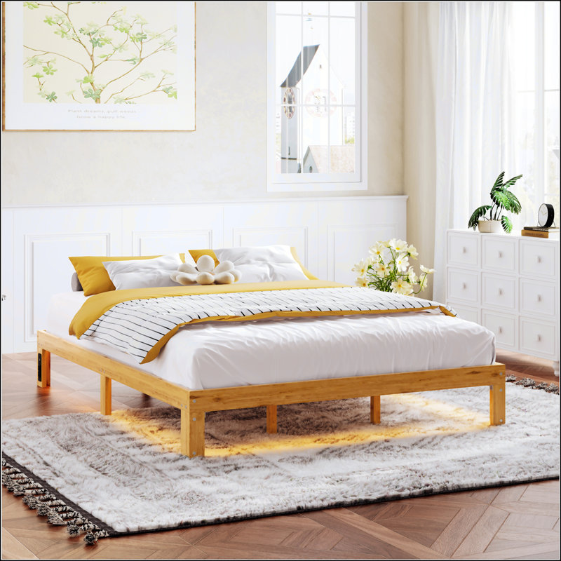 Queen Size Light Brown Solid Wood Platform Bed Frame with Slat Support