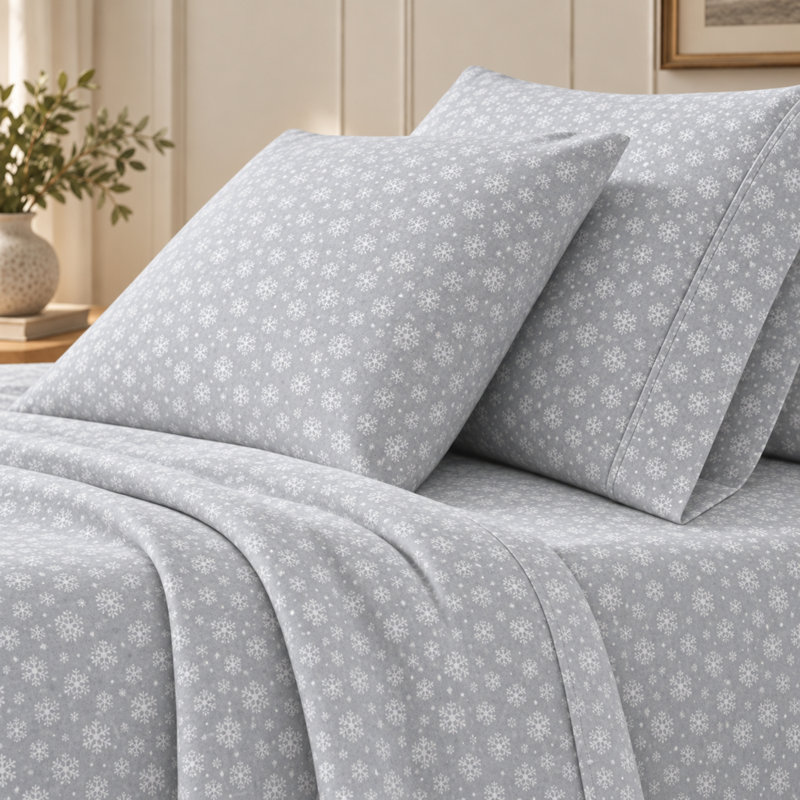 Ensemble de draps 100% flanelle de coton, Lit simple, Flocons de neige