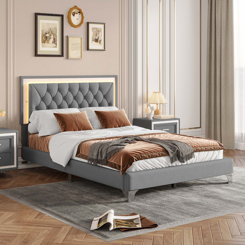 Structure de lit tapissier avec lumières DEL, lit plateforme en velours moderne avec tête de lit capitonnée, Gris, Grand lit