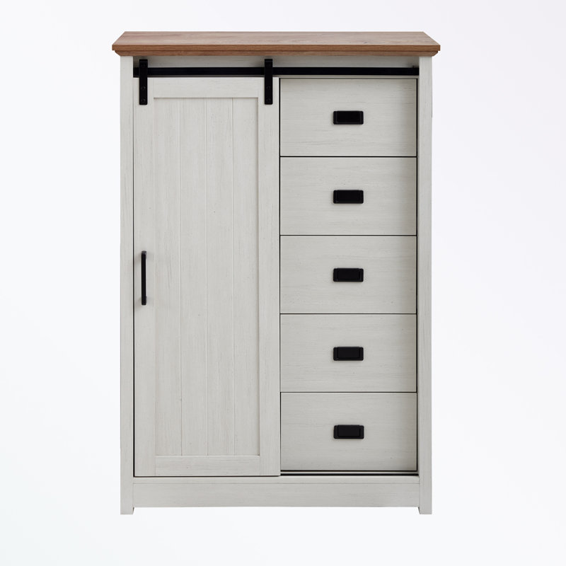 Farmhouse Accent Chest With Sliding Barn Door And 5 Drawers, White - Rustic Charm And Practical Storage, Oak/White