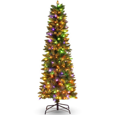 Arbre de Noël artificiel à forme allongée 6 pi avec base et lumières multicolores