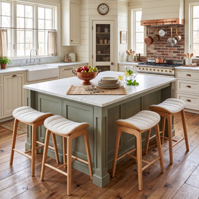 Tabouret de selle en bois massif - Siège incurvé ergonomique avec coussin rembourré et capitonnage à rainures - Tabouret de bar pour îlot de cuisine