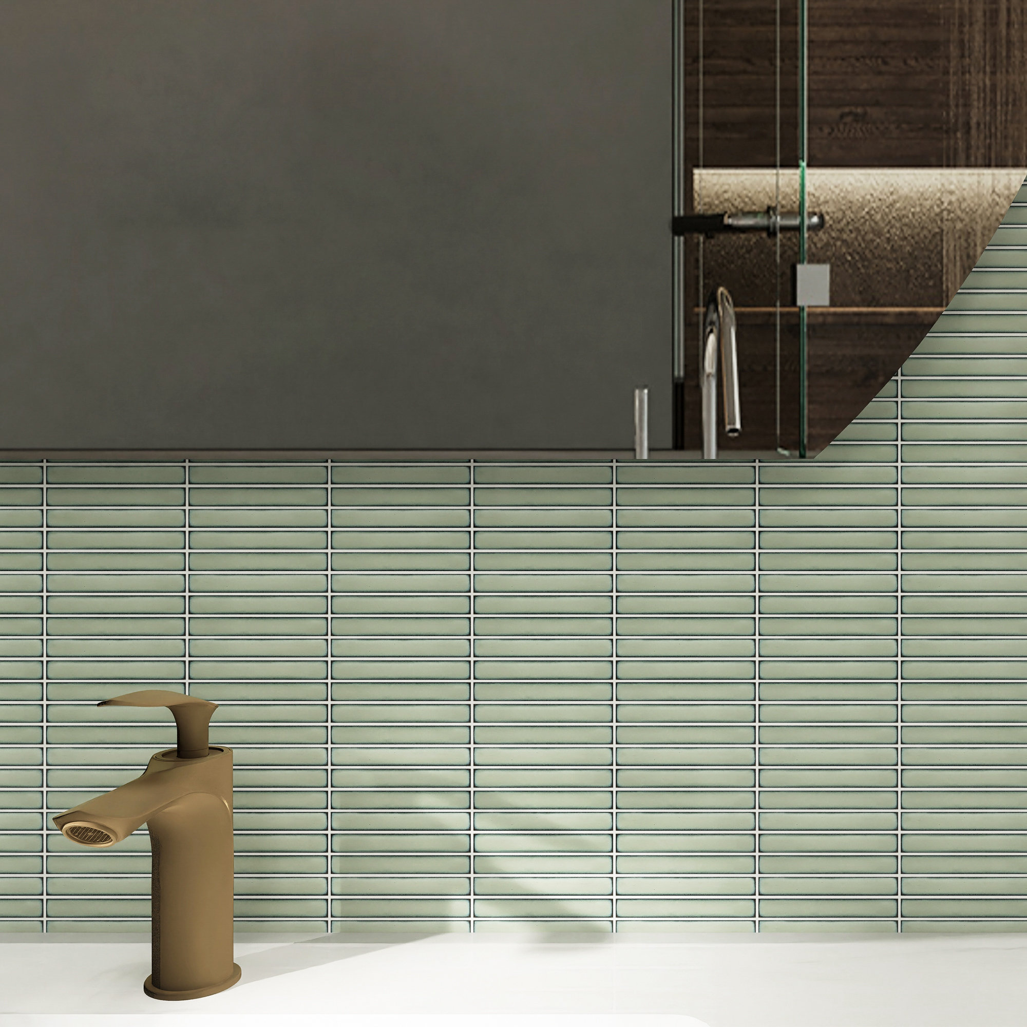 Porcetile 0.48" x 3.63" Stacked Glossy Porcelain Mosaic Wall and Floor Tile, Reactive Jade