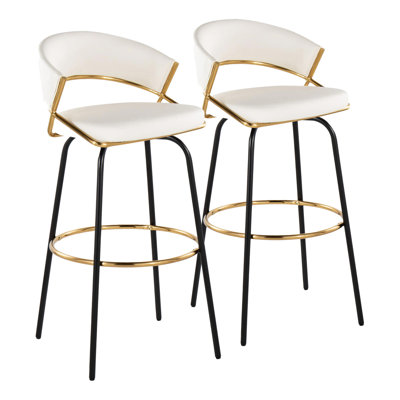 Tabouret de bar contemporain de 30 po à hauteur fixe avec pivot en métal doré et similicuir blanc avec pieds en métal noir et repose-pieds rond en métal doré - ensemble de 2