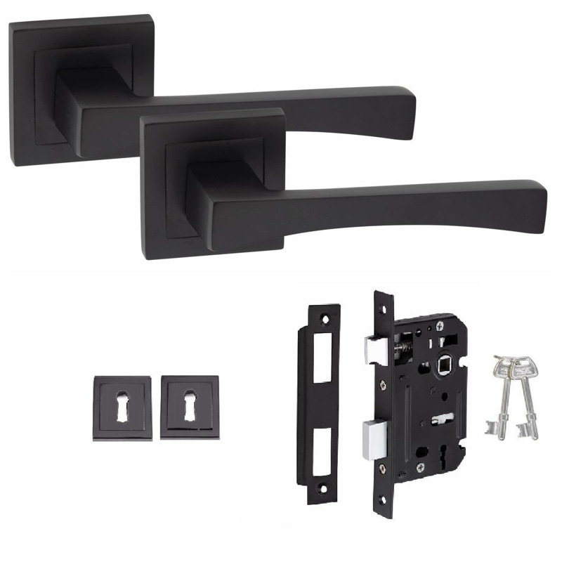  Wave Design Door Handles Set in Matt Black Finish with 2.5" 3 Lever Lock and Keyhole Escutcheon
