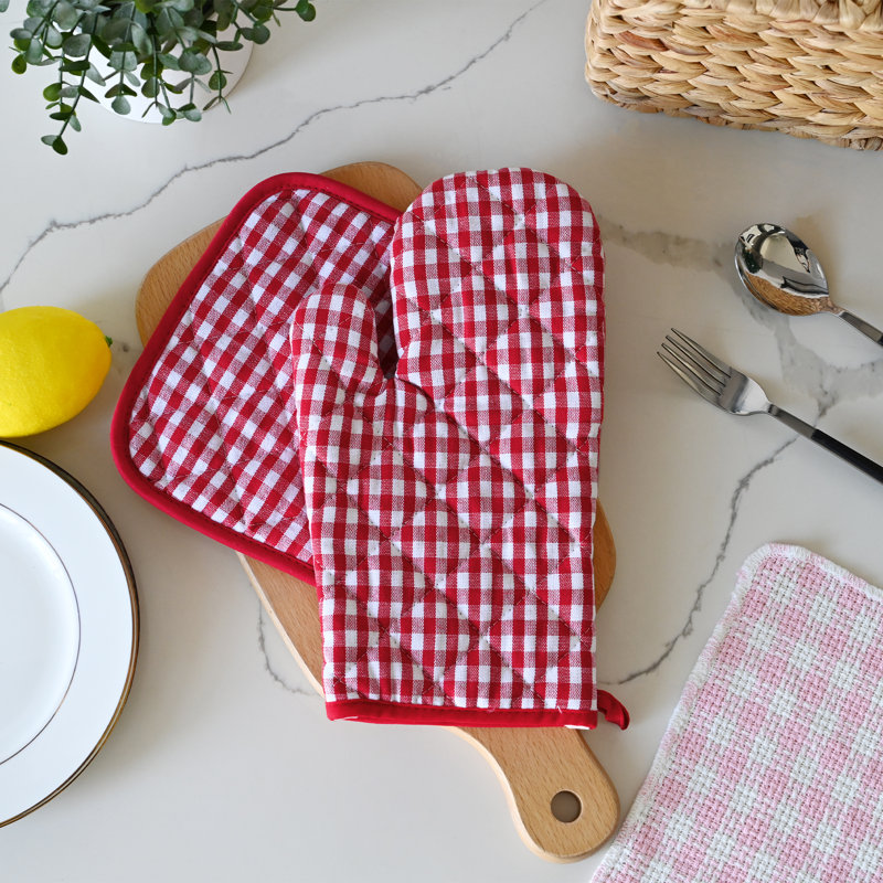 Red Plaid Cotton Oven Mitts and Pot Holders Set, 6 Pieces