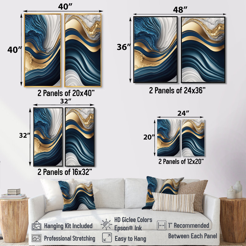 «Abstract Geode Waves Blue I», art mural abstrait grand, H 36 po x l 48 po, Impression encadrée flottante