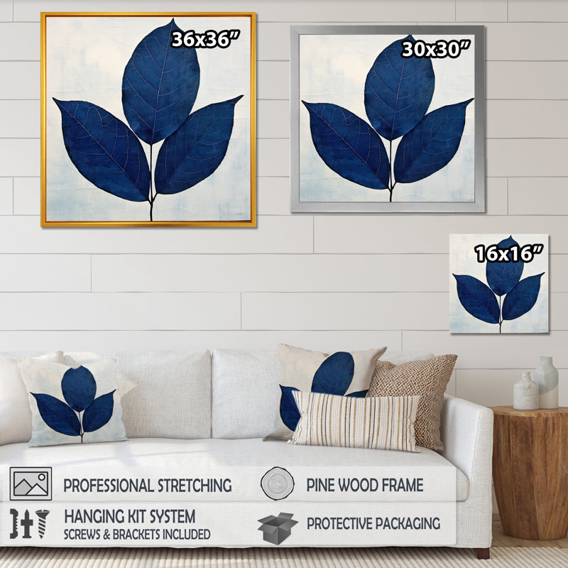 Silhouette de feuilles bleues saphir I, Toile tendue, H 16 po x l 16 po x P 1 po
