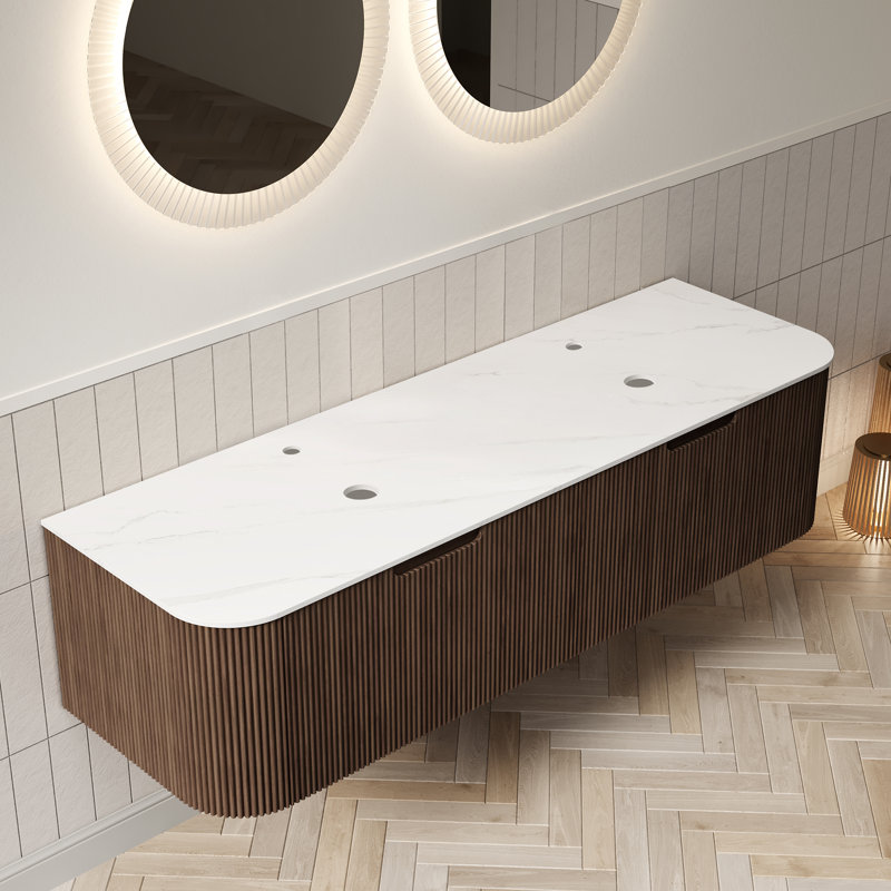 Armoire murale Dina 60 po, avec comptoir et 2 tiroirs, sans lavabo, sans robinet, noyer foncé Dina