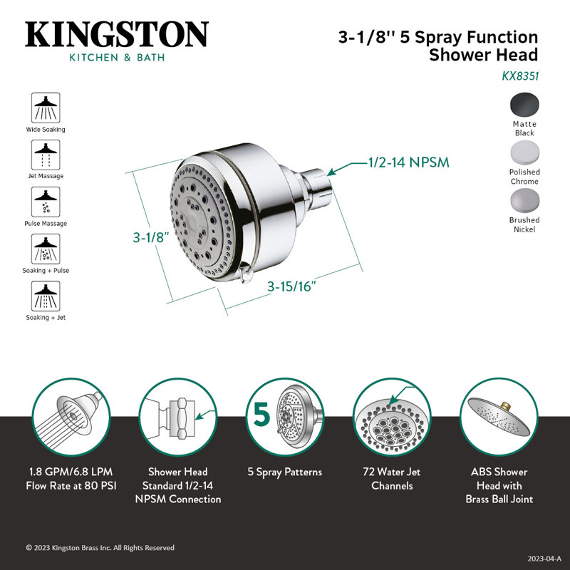 Kingston Brass Shower Scape 3-1/8-Inch Round 5-Function ABS Shower Head, Matte Black