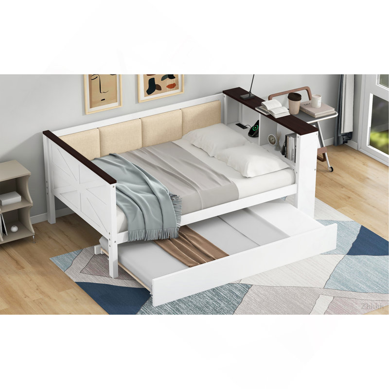 Twin Size Wood Daybed with Storage Shelves, Upholstered Backrest,USB and Trundle, White, Twin