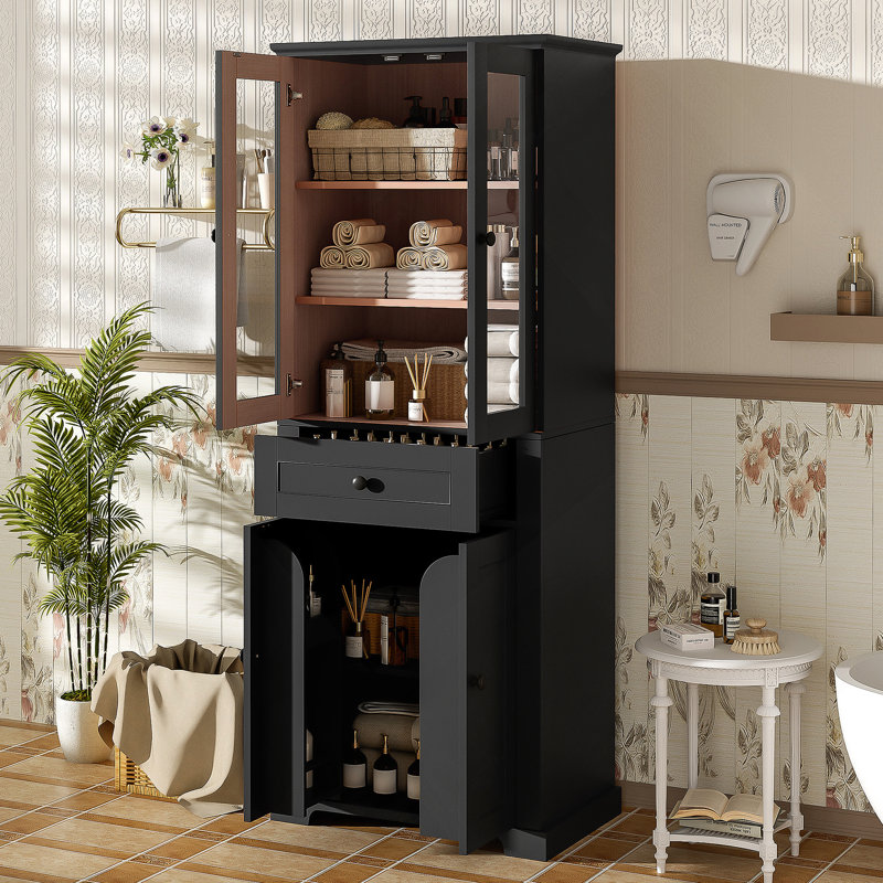 Armoire à linge autoportante pour rangement de salle de bain, Noir