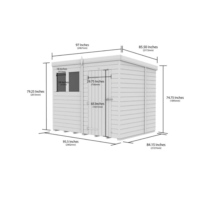 8ft x 7ft Pent Shed - Single Door with Windows