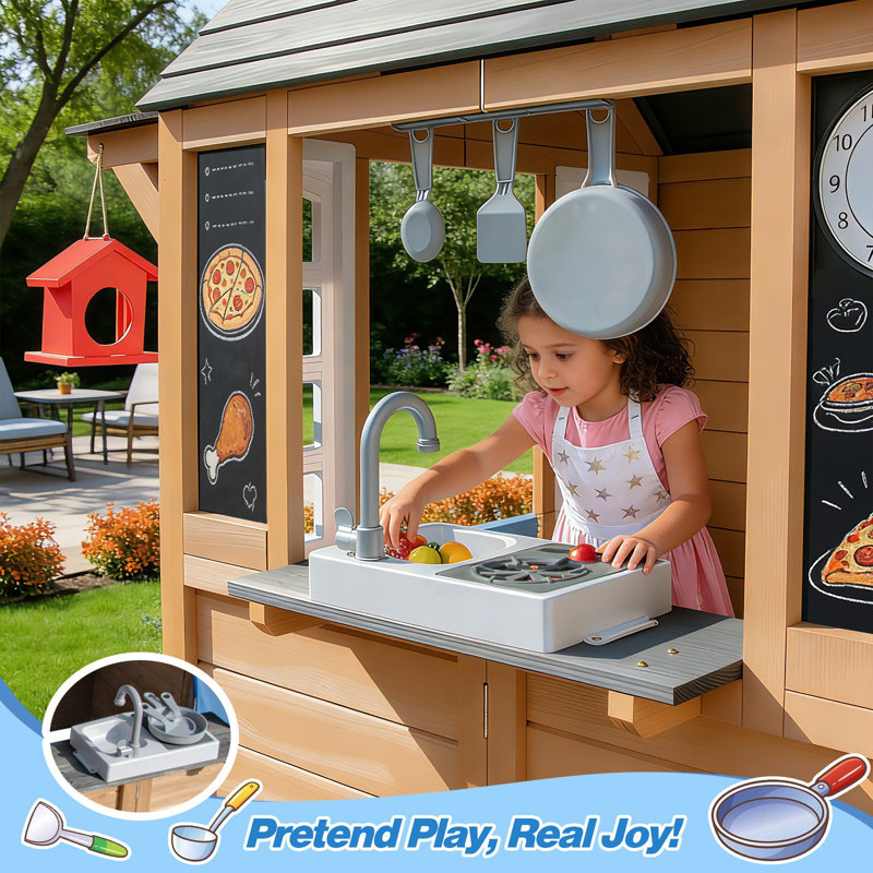 Classic Solid Wood Outdoor Playhouse With Pretend Kitchen Sink, Pet Door, Double Side Bench