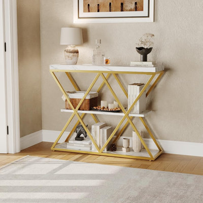 Slim 3-Tier Console Table with Open Storage Shelves – Rustic Farmhouse Entryway Sofa Table – X-Shaped Metal Legs – Space-Saving Living Room or Hallway Furniture