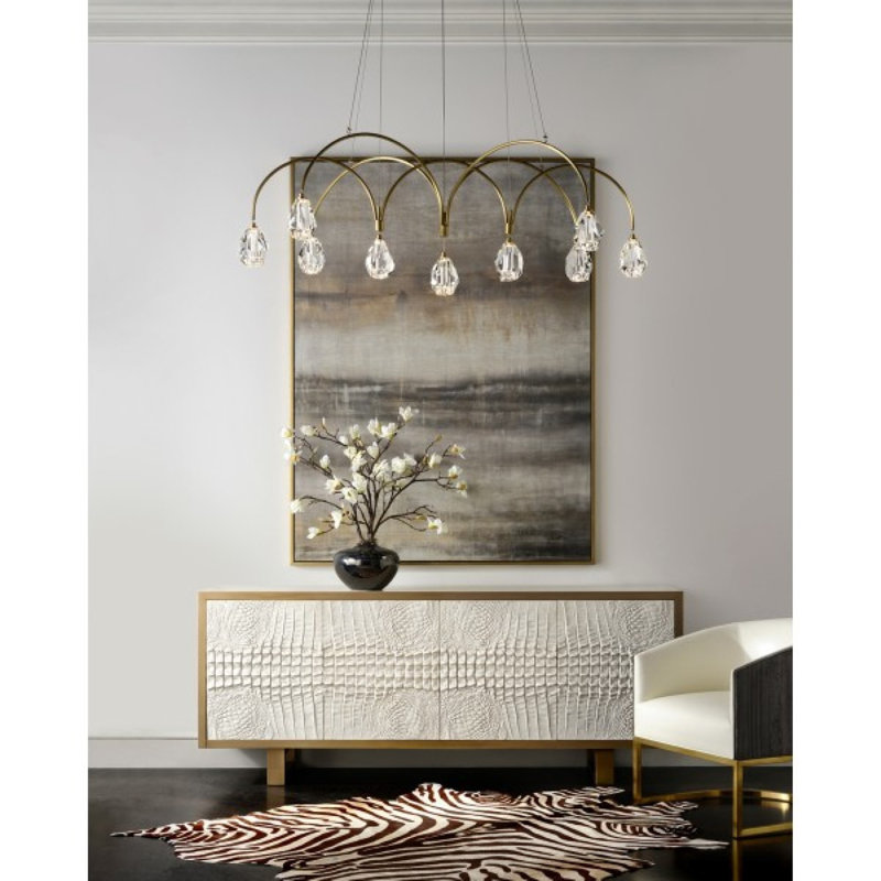 Lustre suspendu en laiton taillé à facettes en cristal clair, Fumée, 62 po de largeur x 28 po de profondeur x 62 po de