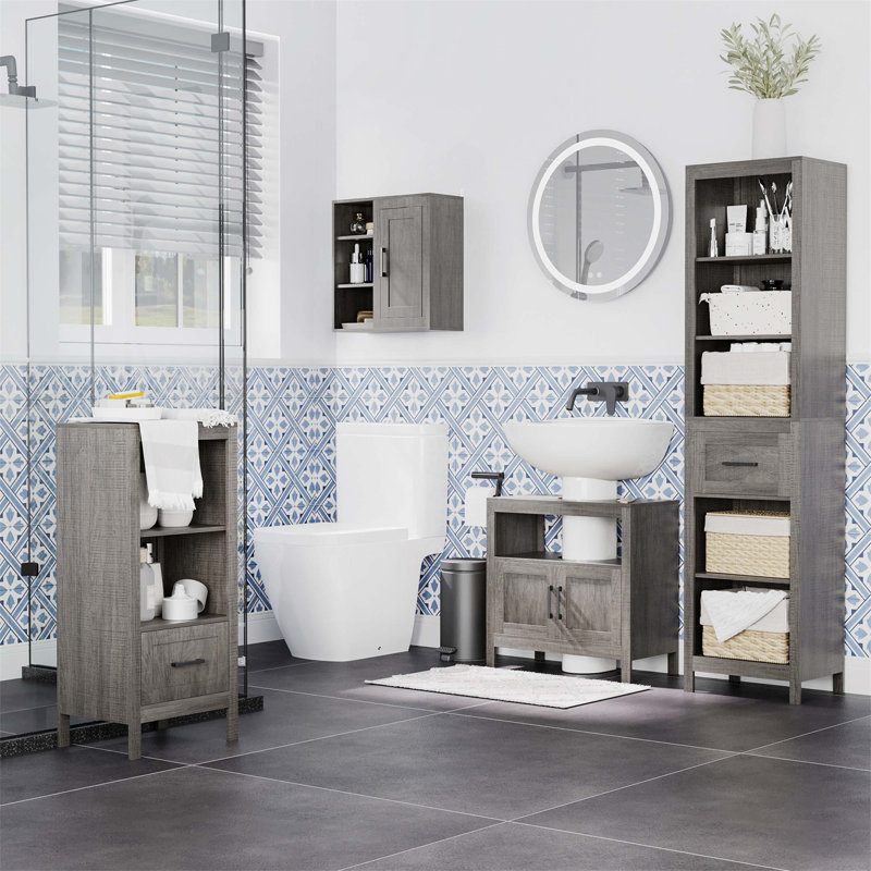 Armoire de rangement compacte à piédestal avec 2 portes et tablette ouverte, idéale pour économiser de l'espace et organiser le rangement