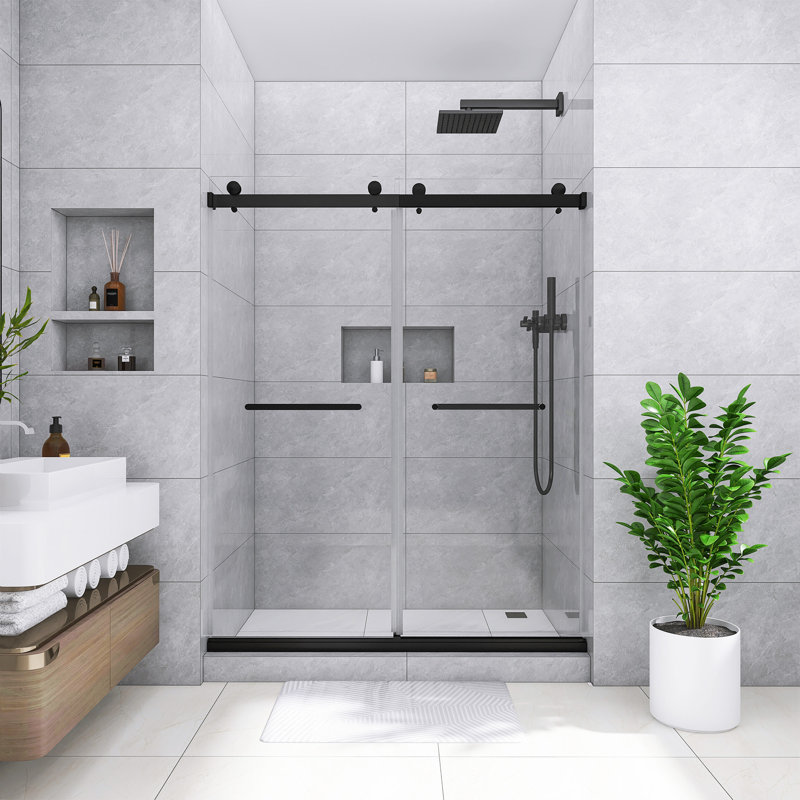 60 po X P 75 po H Double porte de douche coulissante sans cadre au fini noir mat